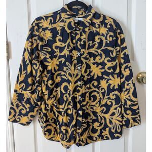 Chico's Baroque Print Navy Blue Yellow Shirt 1.5 Size 10 Button Up Top Tunic
